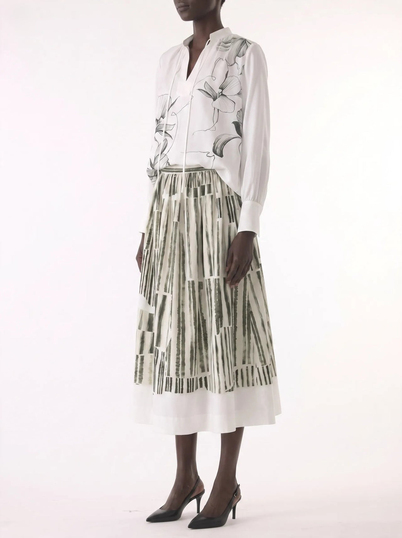 STRIPE COLLAGE STRETCH COTTON MIDI SKIRT view 3