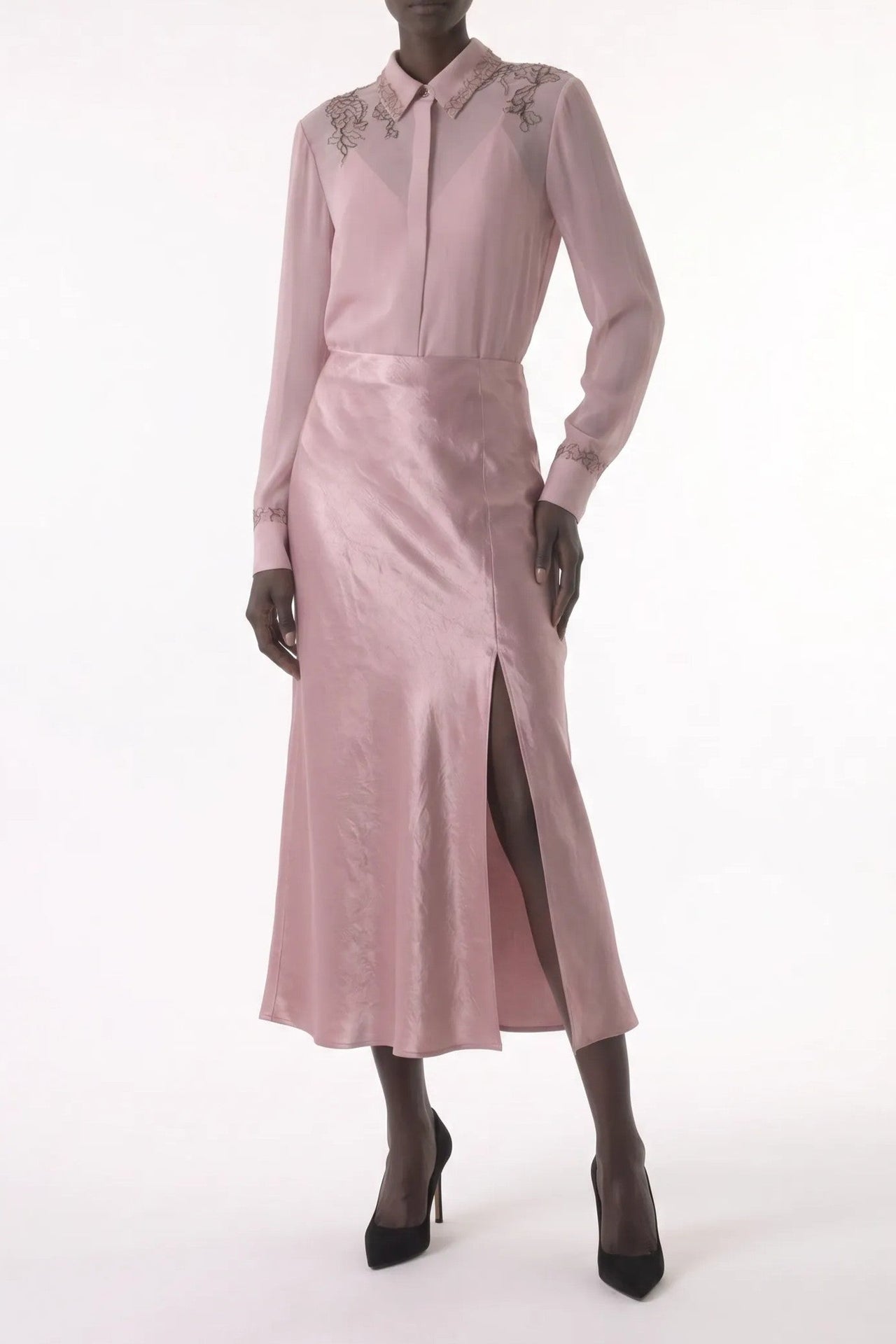 WASHED TWILL BIAS SLIP PENCIL MIDI SKIRT view 1