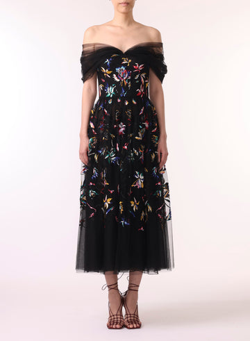 EMBROIDERED TULLE OFF THE SHOULDER COCKTAIL DRESS view 1