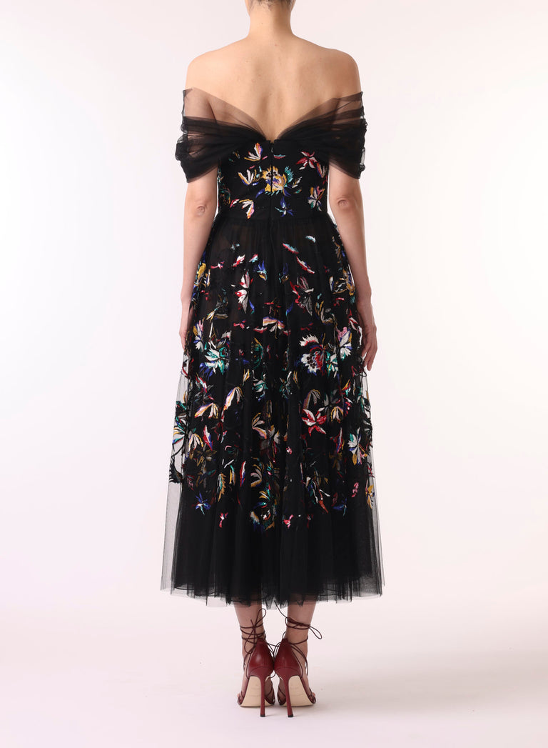 EMBROIDERED TULLE OFF THE SHOULDER COCKTAIL DRESS view 3